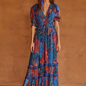 Farm Rio Blue Cool Leopard Ruffle Maxi Dress